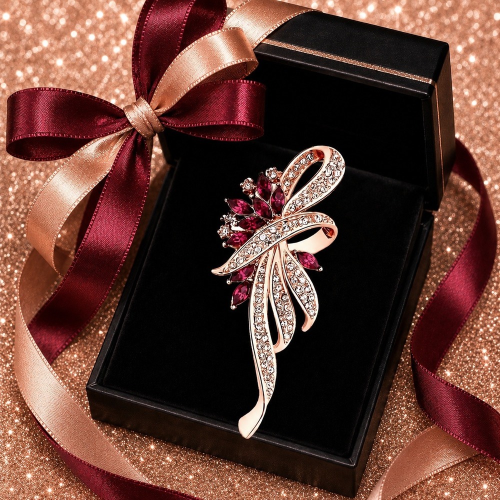 Rose Gold Tone Ruby Red Crystal Ribbon Bow‎ Brooch Pin for Women Vintage Style